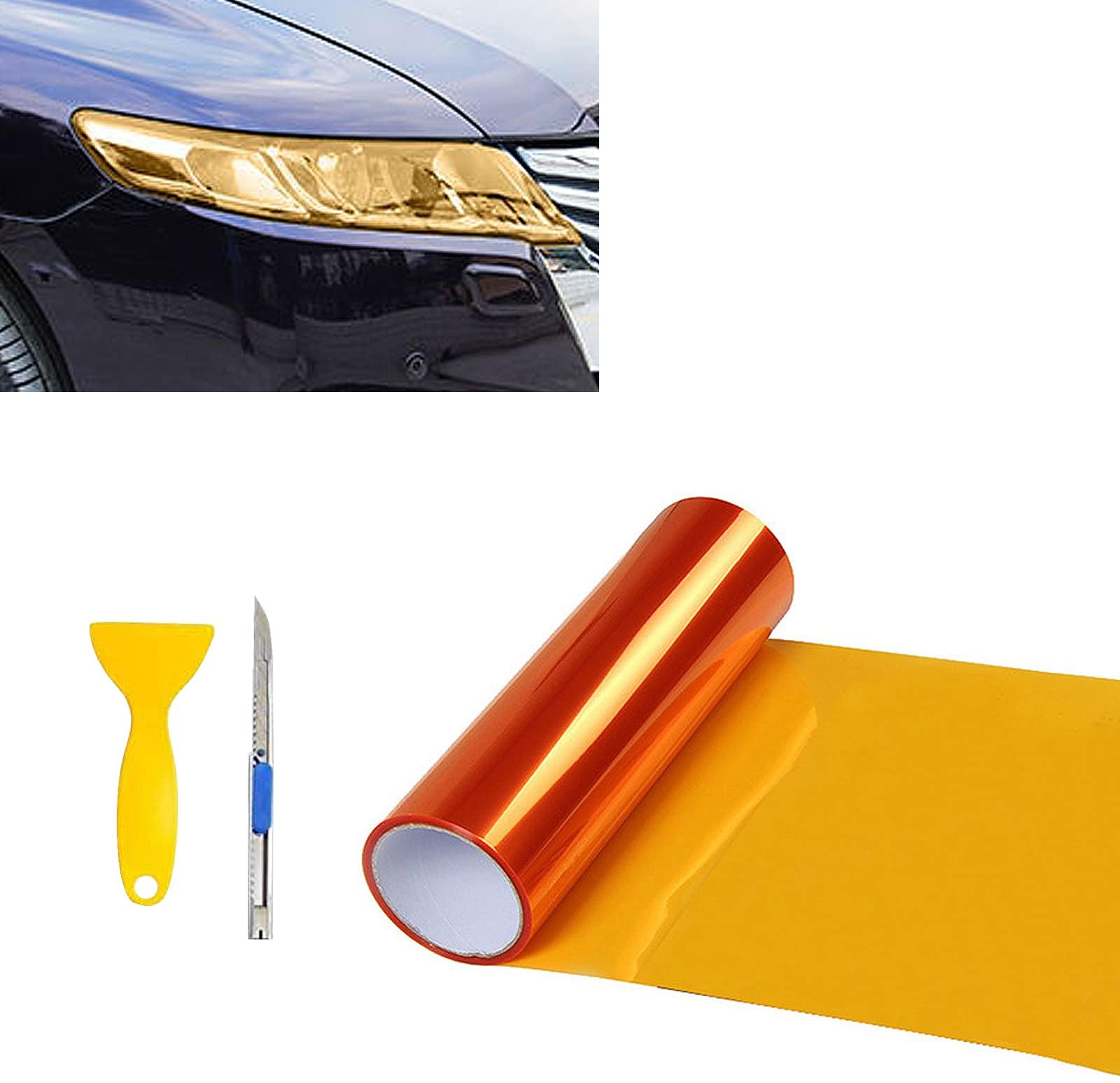12” X 48” Orange Tint Vinyl Wrap Film Roll for Car Headlight, Taillight, Fog Lights with Squeegee + Cutter(Orange)