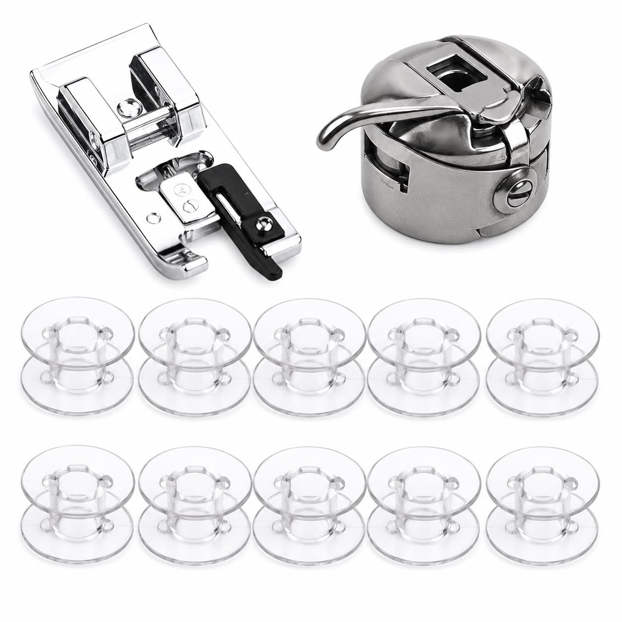 Zenith Combo of Overcasting/Overlock Pressure Foot, 10 Plastic Bobbins, Bobbin case Compatible with Domestic Automatic Front Loading Electric Sewing Machines Compatible with Usha Janome, Singer-image-36
