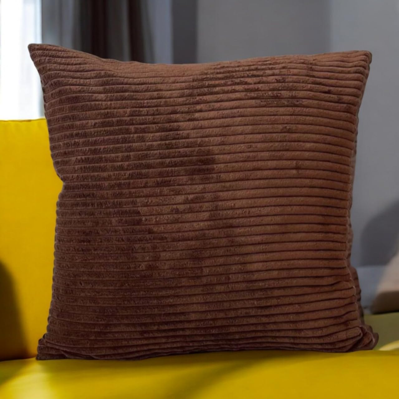 Seechoo Corduroy Cushion Covers, Set of 2, 45 x 45 cm, Striped, with Invisible Zipper, 18 x 18 Inch (Brown) - Image 2