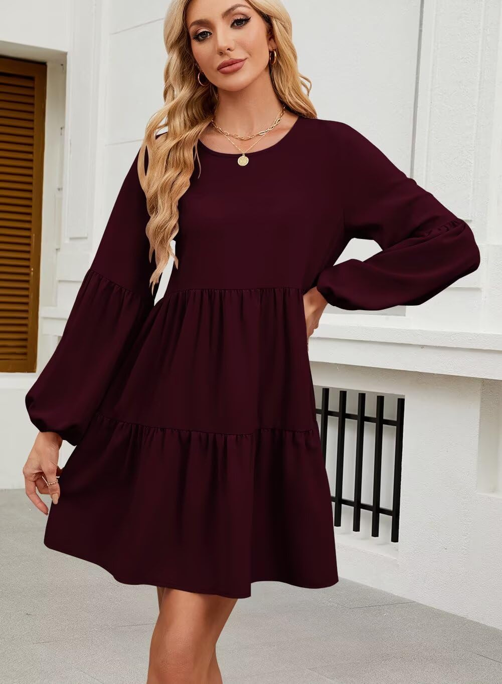 QACOHU Falll Dresses for Women 2026 Crew Neck Long Lantern Sleeve Casual Loose Flowy Swing Shift Dress - Image 3