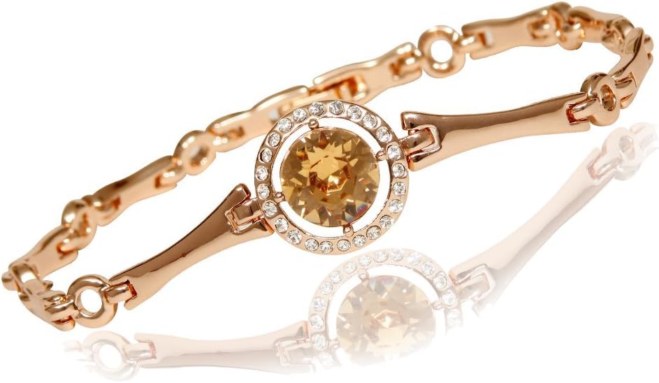 Women's Beautiful Rose Gold Plated Bangle Bracelet, 24 Cubic Zirconia Surrounding A Light Brown Crystal (10)