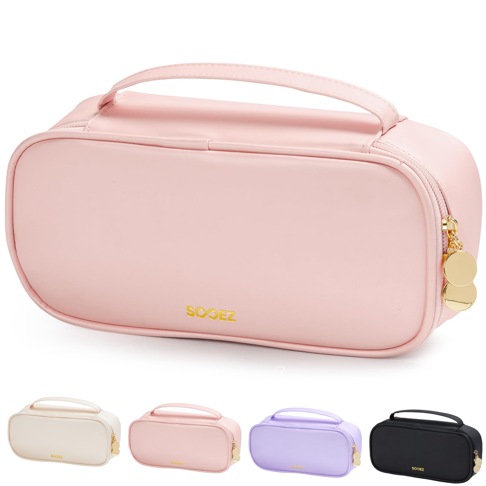 Sooez PU Pencil Case, High Capacity Pencil Bag, Aesthetic Pen Pouch with zipper, 3 Compartment Pen Bag Wide Opening, Portable Stationery Storage and Organizer, School Supplies for Teen, Pink