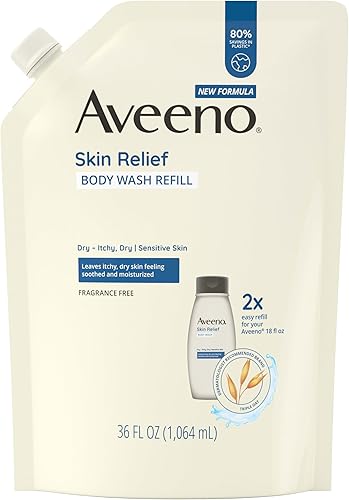 Aveeno Skin Relief Body Wash Fragrance-Free + Triple Oat Formula, Gentle Daily Cleanser for Sensitive Skin Leaves Itchy, Dry Skin Feeling Soothed & Moisturized, Body Wash Refill, 36 fl. oz