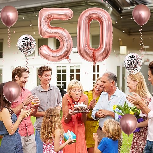 Image of Rose Gold 50th Birthday Balloons & Decorations - Metallic Foil Number 50 & Confetti Balloons, 40 Inch Latex