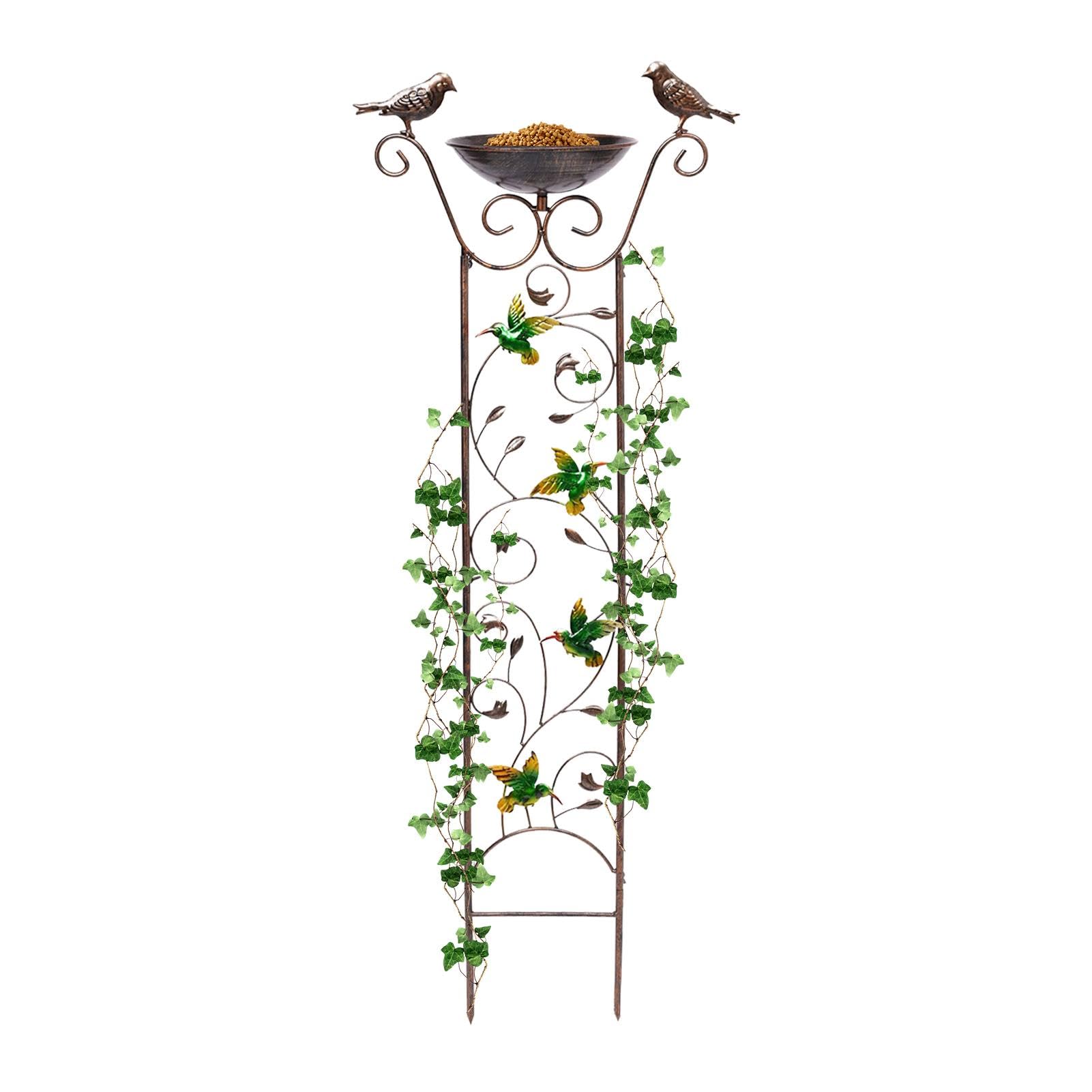 Vogeltränke und Futterspender aus Metall, dekoratives Vogelbad aus Metall,Outdoor-Vogeltränke für Kletterpflanzen - Multifunktionale kleine Gartenpflanzenstütze, abnehmbare Vogelfutterschale, Vogelträ