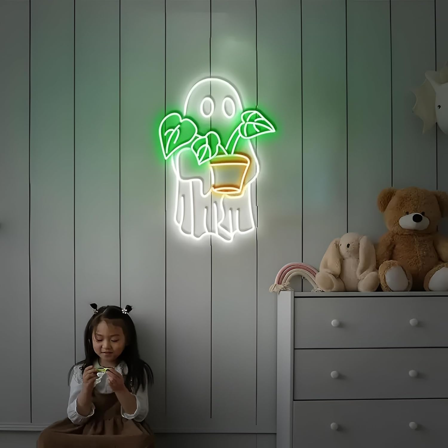 Cute Ghost & Monstera Neon Sign – Halloween Wall Decor Monstera Holding Plant Light Spooky Room Decor Halloween Plant Lover Gift