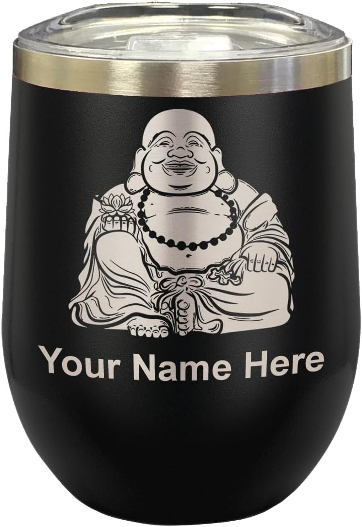 LaserGram 16oz Double Wall Stainless Steel Wine Glass Tumbler, Budai, Personalized Engraving Included (Black)