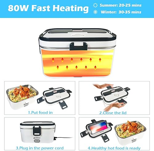 Miniatura 5 de PHIWILLS Fiambrera eléctrica de 1.5 L y 1.8 L, contenedor calentador de alimentos, lonchera 3 en 1 para cochecamióntrabajo con compartimento de 0.45