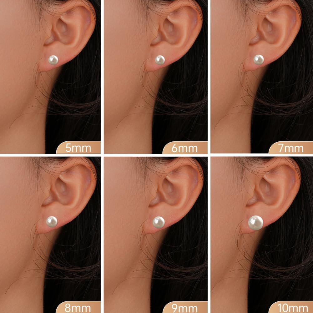 JaruJaru Freshwater Button Pearl Stud Earrings 4-10mm, S925 Sterling Silver, Near-round Flatback, Hypoallergenic Minimalist Earrings for Sensitive Ears, Comfort Sleep Earrings