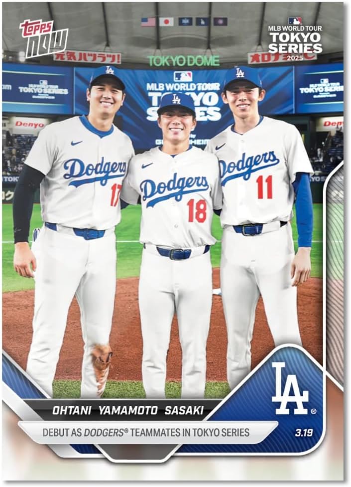 2025 T Now Shohei Ohtani Roki Sasaki and Yoshinobu Yamamoto #7 - RC Debut ad Dodger Teammates in Tokyo Series- Baseball Trading Card- Los Angeles - Card Shipped in Protective Screwdown Holder.