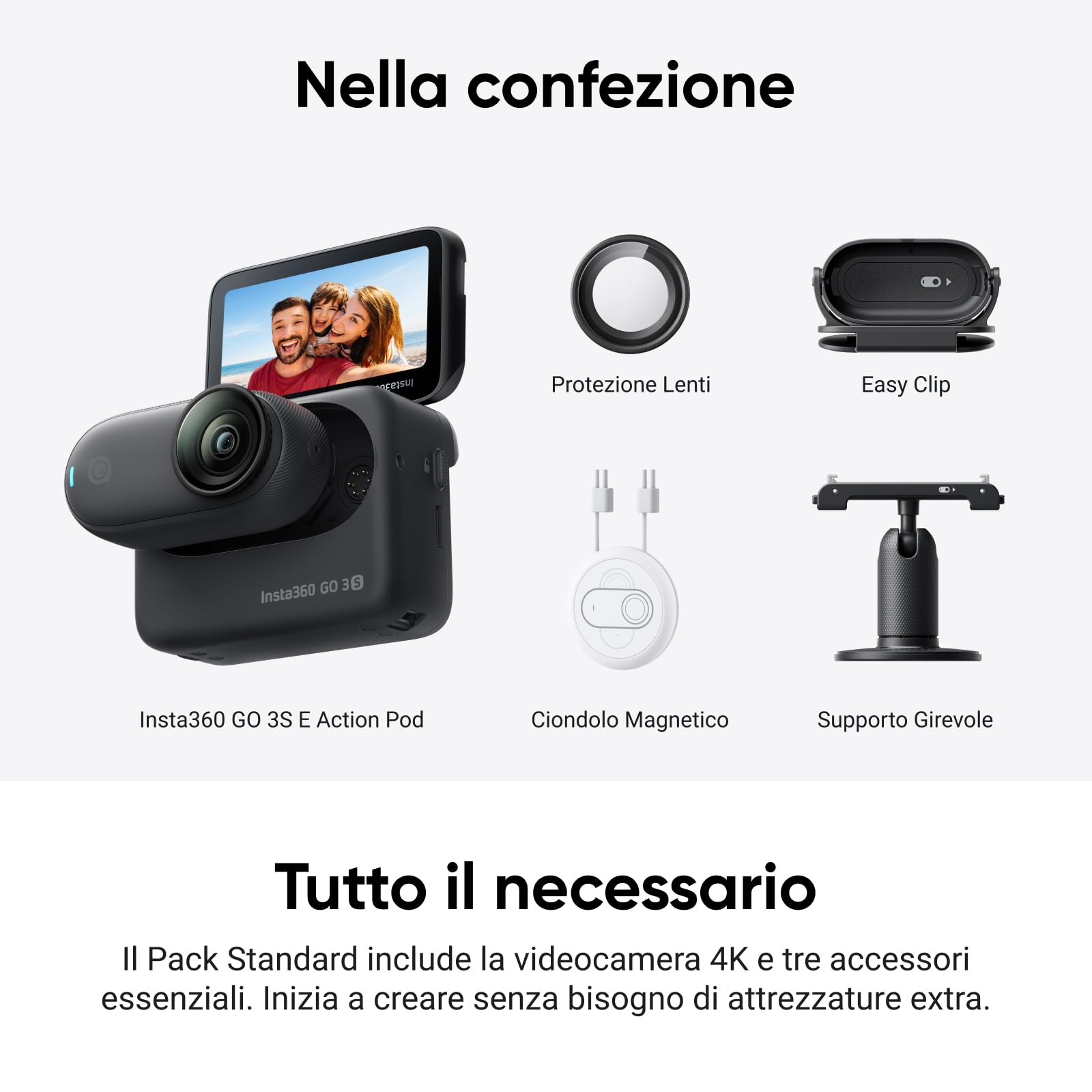 Insta360 GO 3S Nero Notte 128GB - Cam 4K per vlogging, POV a mani libere, montaggio magnetico, stabilizzazione, 140 minuti di autonomia, impermeabilità fino a 10 m, editing IA