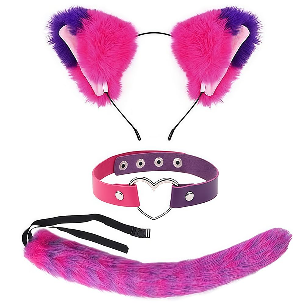 ZappelStift 3 PCS Pink and Purple Striped Cat Costume, Cat Ears Headband Furry Tail and PU Choker