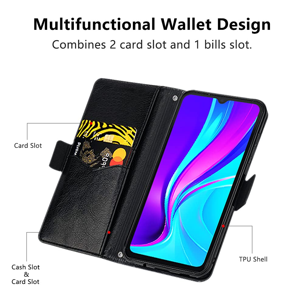 Cover Xiaomi Redmi 9C / Redmi 9C NFC, Custodia Flip Pelle Portafoglio, Magnetica Libro Slot Schede Redmi 9C NFC Cover, Slim Silicone TPU Bumper Wallet Antiurto Case Per Redmi 9C / Redmi 9C NFC Nero