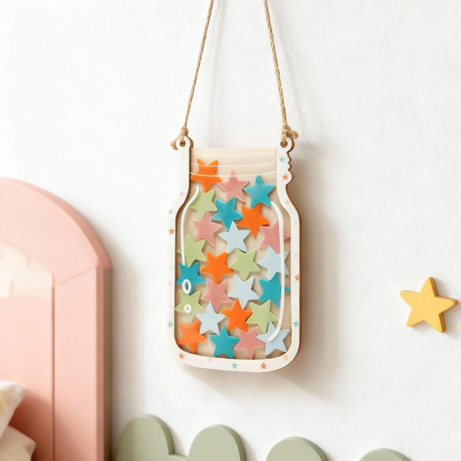 Tabella delle Ricompense per Bambini, Barattolo Stelle 25 Pezzi, Base Legno, Tabella delle Ricompense per Il Buon Comportamento，Regolabile