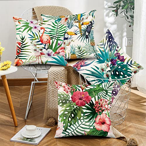 Uiiooazy Green Tropical Palm Leaves Throw Pillow Covers For Living Room Sofa Decor Pink Flamingo Birds Spring Flowers Outdoor Home Decorative Pillow Covers 24X24 Inches 4Pcs Set #TOP4