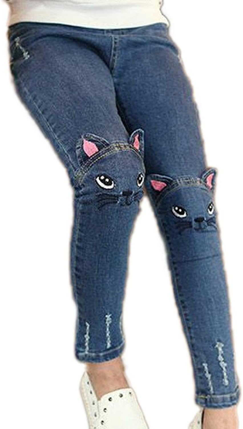 SitmptolBig Girls Kids Distressed Ripped Hole Teens Jean Blue Cat Slim Denim Pants
