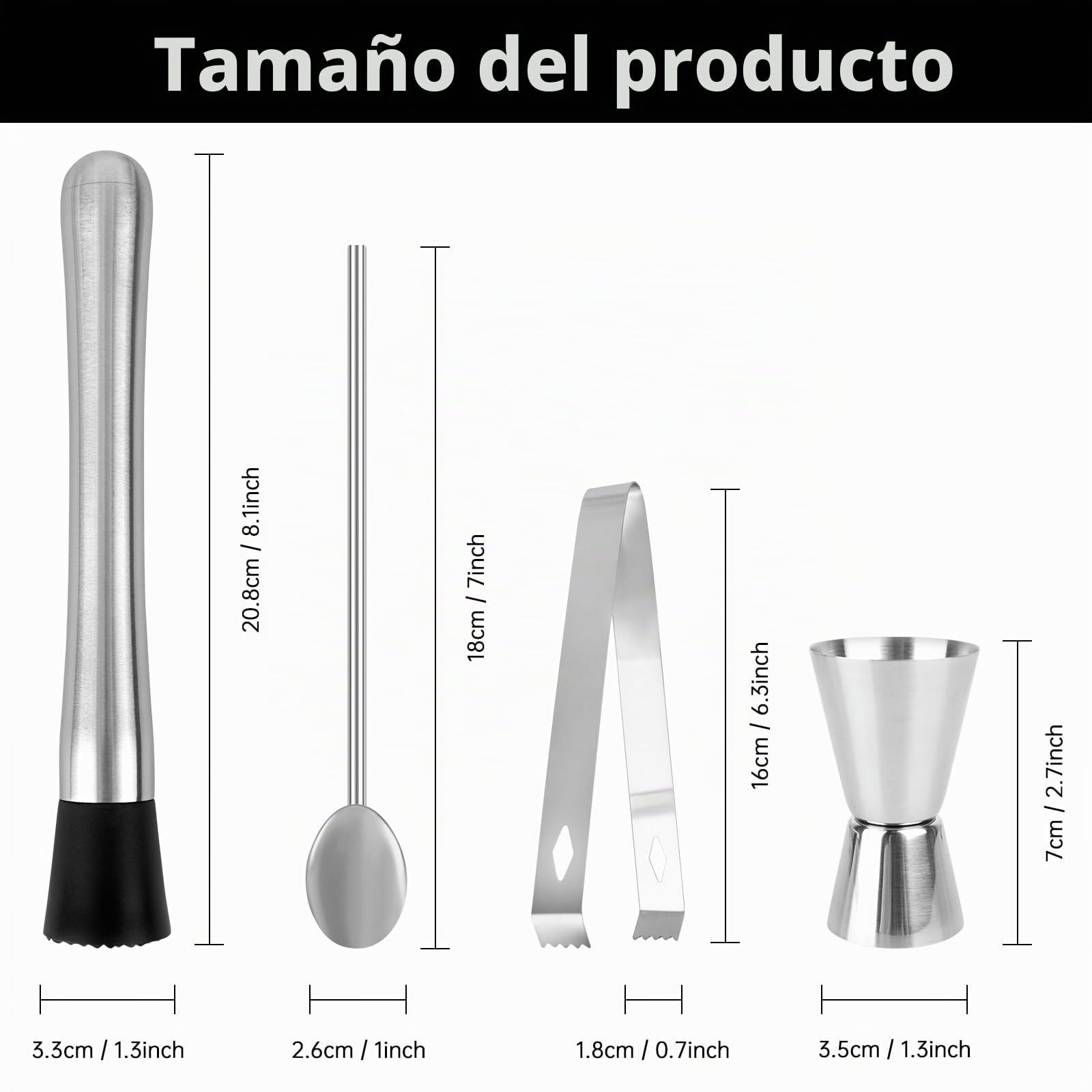 Coctel Pestle de Acero Inoxidable con Cuchara de cóctel, Kit de barreno, Mojito Masher Ice Crusher Masher Cocktail Muddler Shaker with Measuring Cup Bar Accessories for Kitchen, Bar