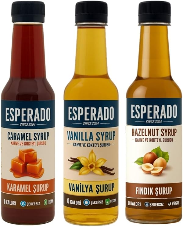 Esperado - Set Of 3 Coffee Syrups - Vanilla * Hazelnuts * Caramel - Unsugar - Zero - 3 X 250 Ml