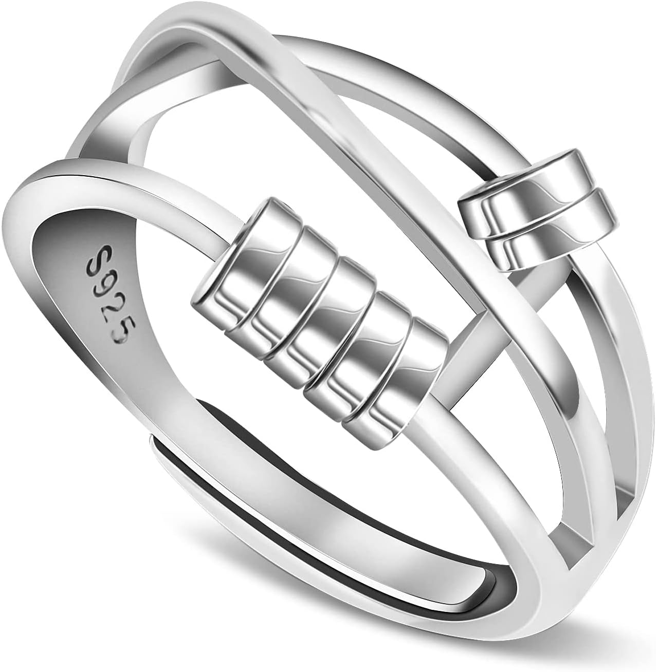 925 Sterling Silver Anxiety Ring Adjustable Fidget Ring Anti-worry Ring Fidget Spinners Rings with Beads Kids' Play Rings for Women Men Girls