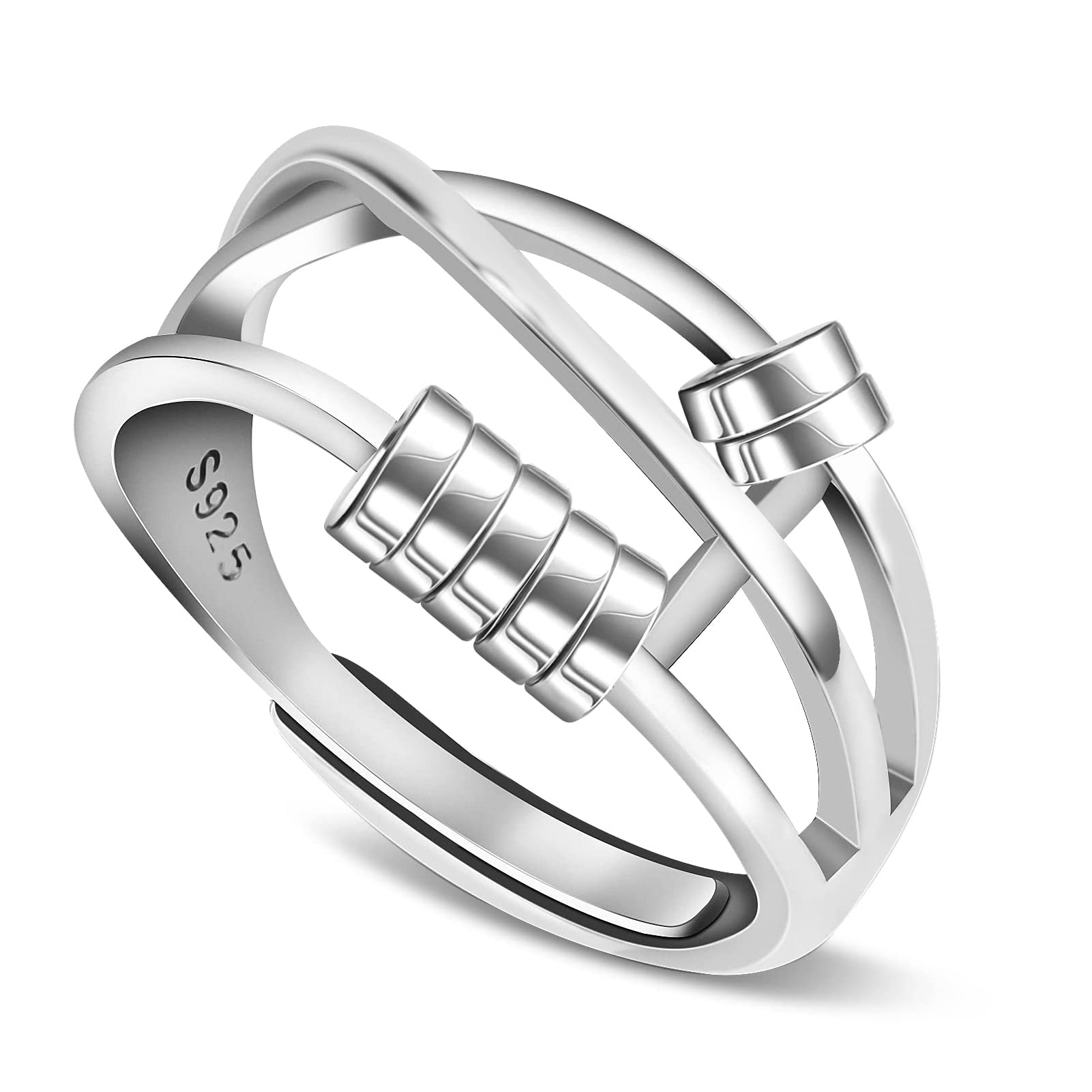 925 Sterling Silver Anxiety Ring Adjustable Fidget Ring Anti-worry Ring Fidget Spinners Rings with Beads Kids' Play Rings for Women Men Girls