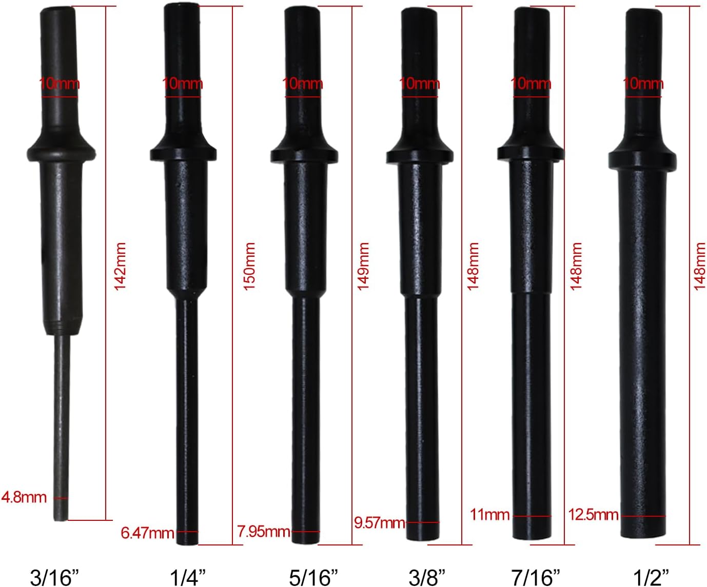 Pneumatic Punch Drift Pneumatic Air Hammer Punch Pin 3/16" to 1/2" 6PCS for Removing Corroded Bolts Or Long Pins