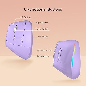 KYSONA 57 Wireless Ergonomic Mouse, Vertical Mouse, Carpal Tunnel Mouse, RGB Light, Rechargeable, Bluetooth & 2.4G, 5-level DPI Adjustment, Quiet Click Ergo Mice Compatible with PC/Laptop/Mac, Purple