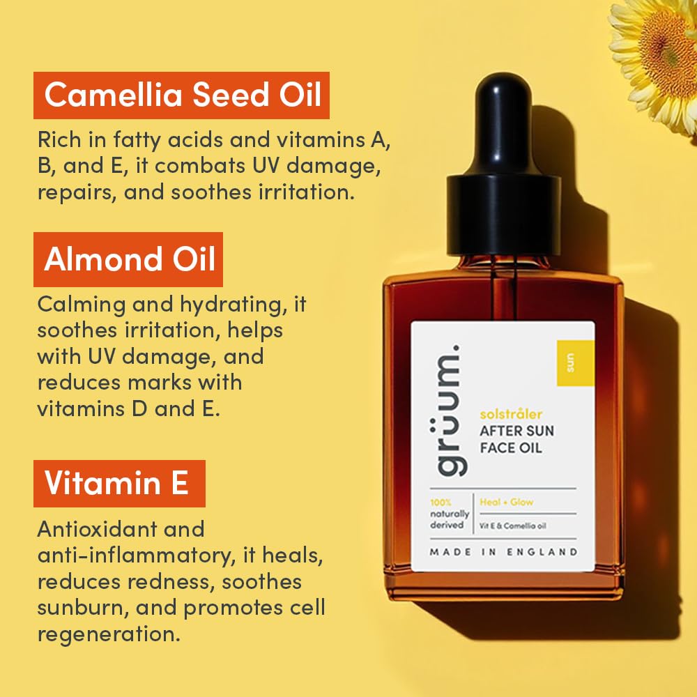 grüum 30ml After Sun Oil for Face, 100% Natural Aftersun Oil with Vitamin E, Camellia & Almond Oils - Image 2