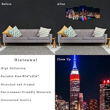 Biuteawal - New York City Canvas Wall Art Manhattan Skyline at Night Picture Prints Modern Home Office Wall Decoration Stretched Ready to Hang