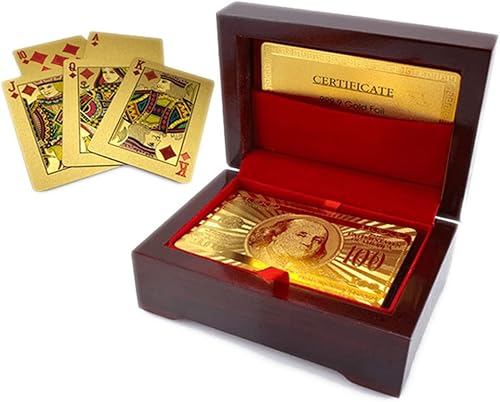 Lujoso estuche chapado en oro de 24 quilates para tarjetas de juego y certificado con caja de regalo de madera  Haz que tus trucos mágicos sean más