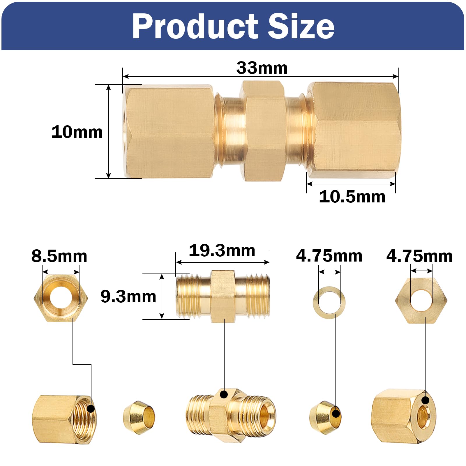 EFUTURETIME 10 x Connettore Linea Freno 4,75 mm, 3/16" Raccordo Tubo Freno in Rame Nichelato