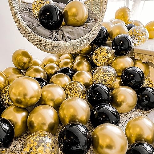 Image of Black and Gold Balloons Kit, 12 Inches Metallic Gold Balloons Confetti Balloon and Black Balloons with Ribbon for Birthday Graduation New Year Decorations.50Pcs