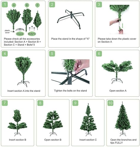 6ft Artificial Christmas Tree - 180cm with 100 LED Lights & 24 Balls & Top Star,950 Branch Tips,Easy Assembly,Metal Stand - Image 8