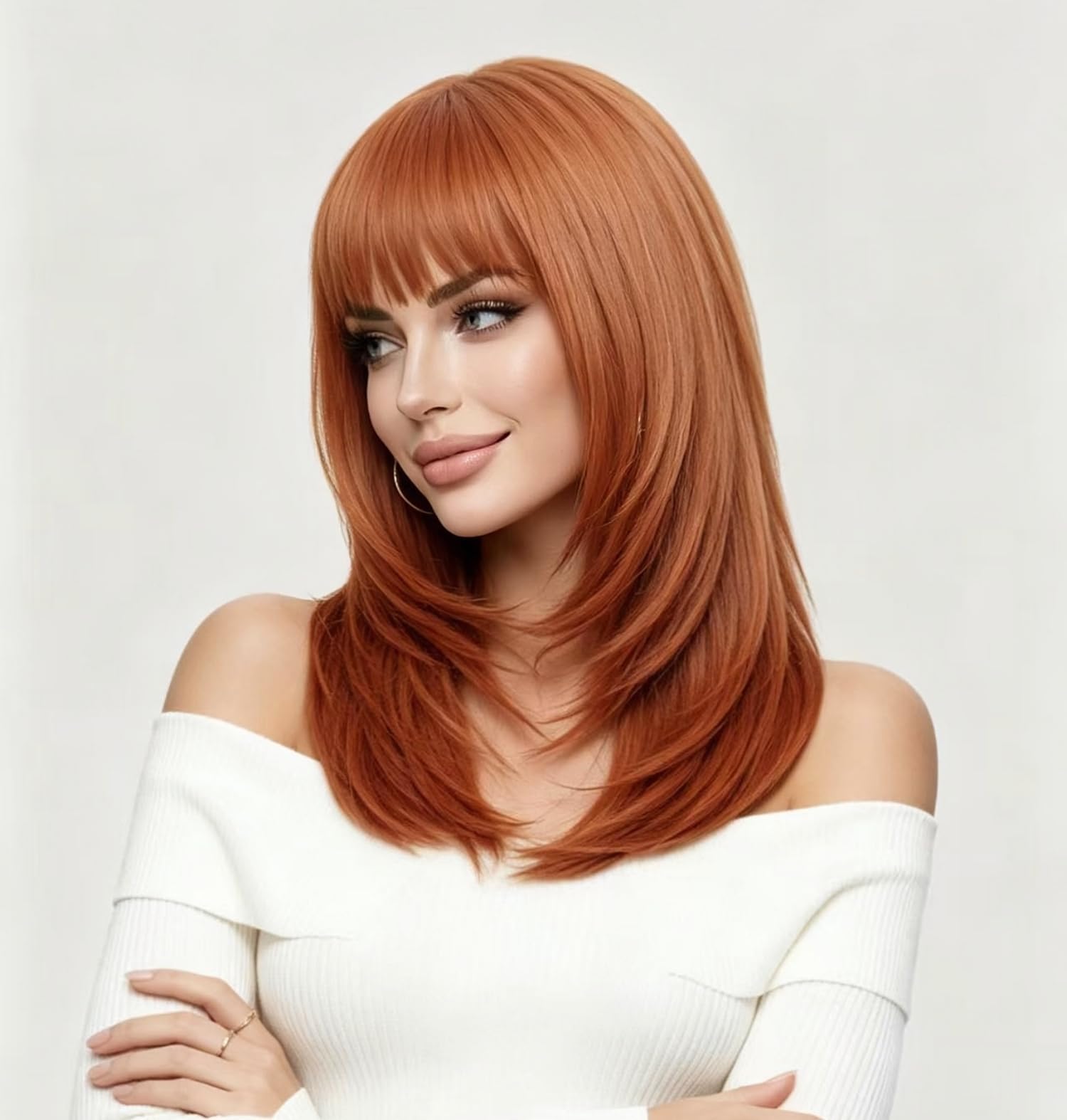 Long Auburn Wig with Bangs Layered Curly Copper Red Wigs for Women Natural Ginger Synthetic Wigs for Daily Use