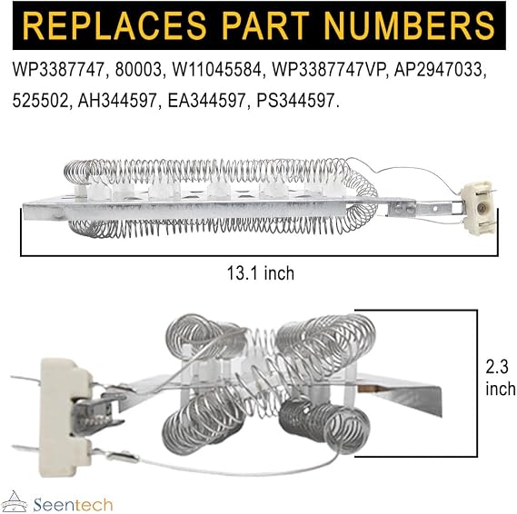 Seentech 3387747 Dryer Heating Element - Compatible with Kenmore Whirlpool Dryer - Replaces part number WP3387747 8527865 PS344597 AP6008281 AP2947033 PS117414 PS11741416