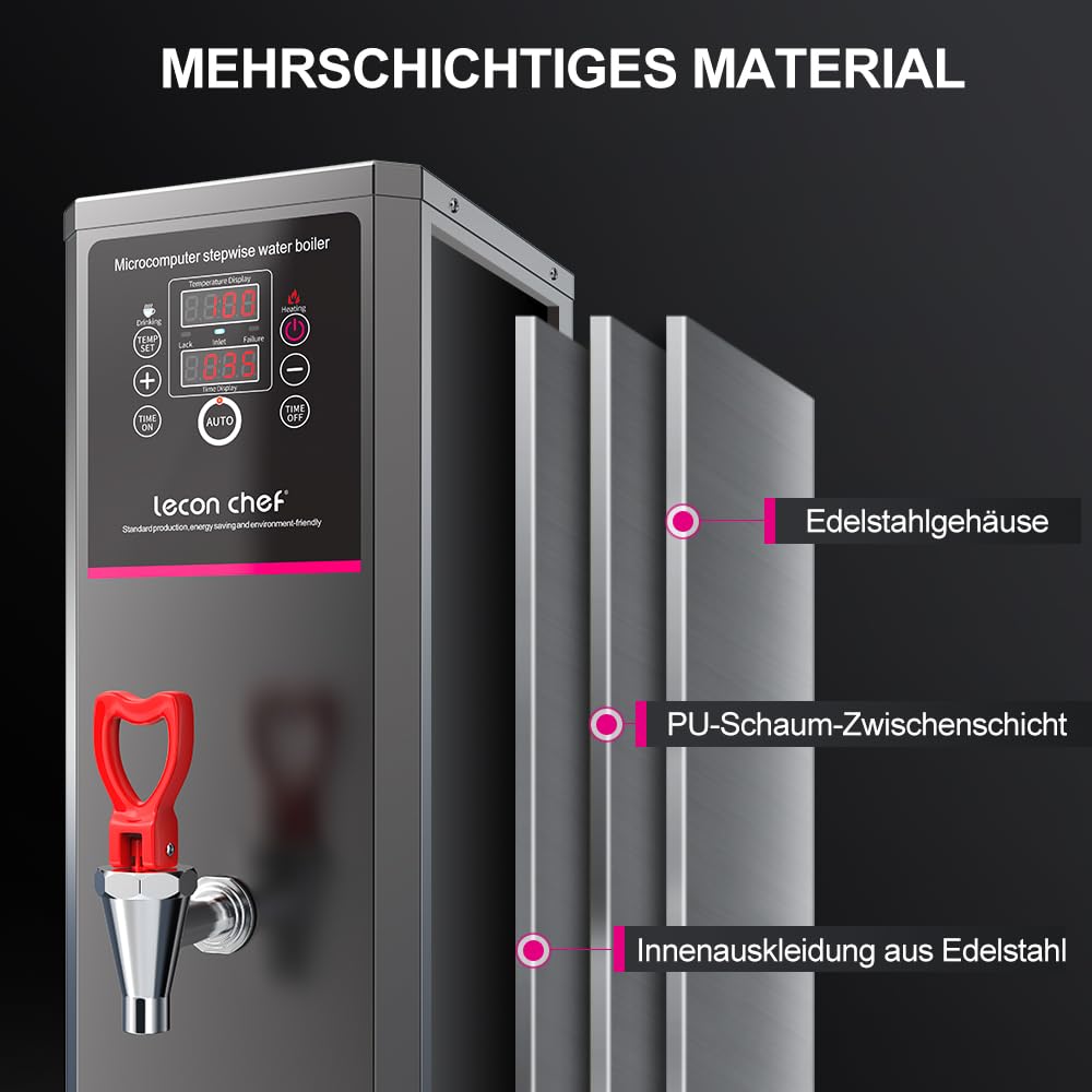 Lecon Distributore di acqua calda, 15 l, distributore di acqua in acciaio inox, 3000 Watt, riscaldamento rapido, macchina per acqua calda elettrica con timer, visualizzazione del tempo di temperatura