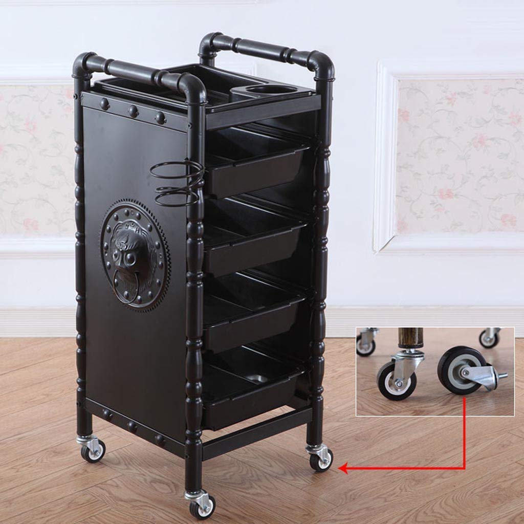 GJSN Trolley,Beauty Trolley Five-Layer Retro,Recycling Vehicles, Bilateral Hand-Held PVC Pallet Tool Cart, Beauty Salon Barber Shop Hair Salon Styling Car with,Collecting Vehicles,Black,Big Wheel
