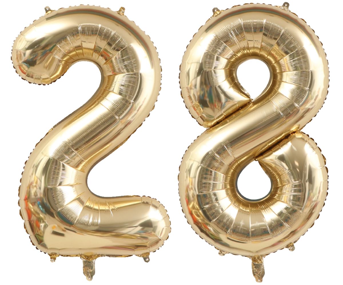 Light Gold Number 28 Balloon 40in White Gold 28 Foil Mylar Digital Balloon | Champagne Gold Birthday Jumbo Giant Large Helium Balloons 28th or 82nd Anniversary Events Party Decorations Supplies