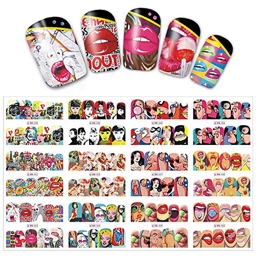 Sexy Nail Art Stickers Decals Nail Art Supplies Accessories 12 Sheets Pop Full Cover Wrap Water Decals with Cool Lady Lips Tongue Kiss Design Foil Tattoo for Women Girls Fingernail Toenail Decoration