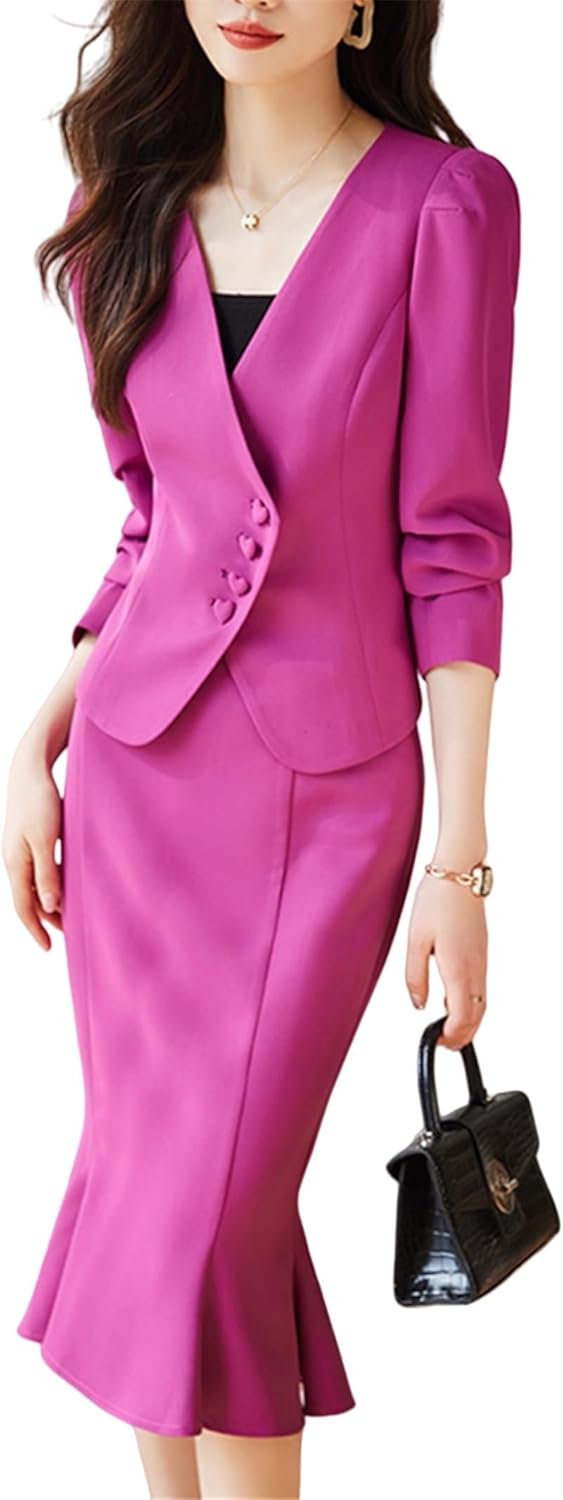 Women's Professional Two Piece Suit Set V Neck Blazer and Mermaid Skirt for Office Business Work