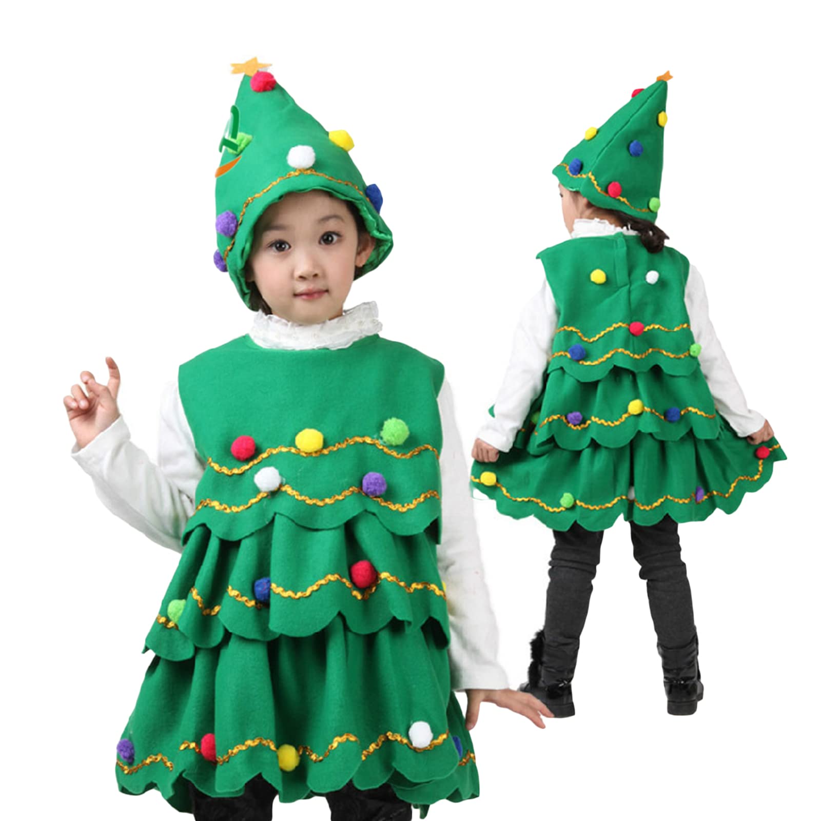 BABWWNIX Christmas Tree Child Costume Outfit Sleeveless Xmas Tree Dress with Hat Cosplay Role-Playing Party Dress Up Gifts (Green - Image 2