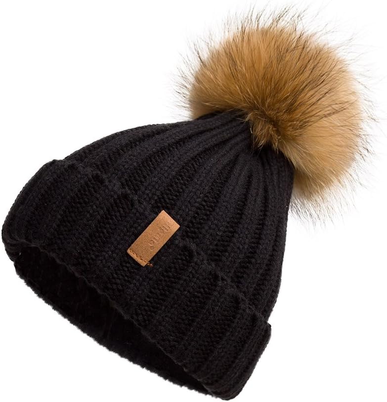 Pilipala Womens Knit Beanies Hats with Fur Pom Bobble Hat Skull Cap Cable Beanie for Women