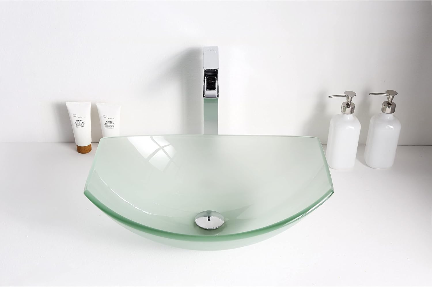 ANZZI Pendant Modern Tempered Glass Vessel Bowl Sink in Lustrous Frosted, Top Mount Bathroom Sinks Above Counter, Round Vanity Countertop Sink Bowl with Pop Up Drain, LS-AZ085