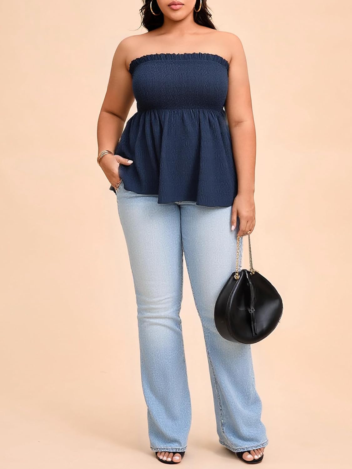 Women's Plus Size Peplum Tube Top Summer Strapless Shirred Flowy Cute Vacation Tops - Image 5