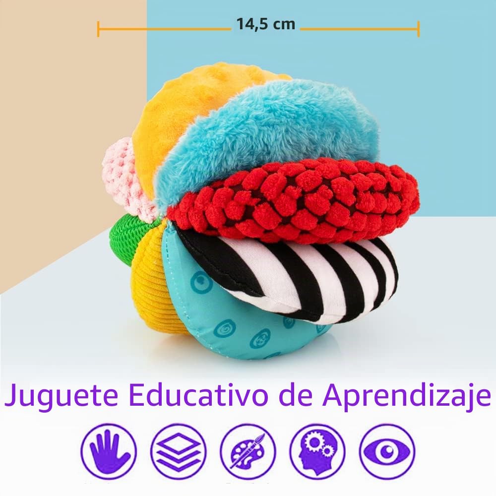 teytoy Bolas sensoriales de textura 8 en 1 para bebé, juguetes Montessori para bebés de 6 a 12 meses, 8 actividades sensoriales diferentes con chillones de sonajero arrugado