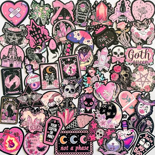 50-Piece Pink Goth Witch Sticker - Pastel Gothic Stickers with Skulls, Crystals, Cats, Tarot Cards, Spooky Quotes - Waterproof Vinyl for Laptops, Scrapbooks, Water Bottles