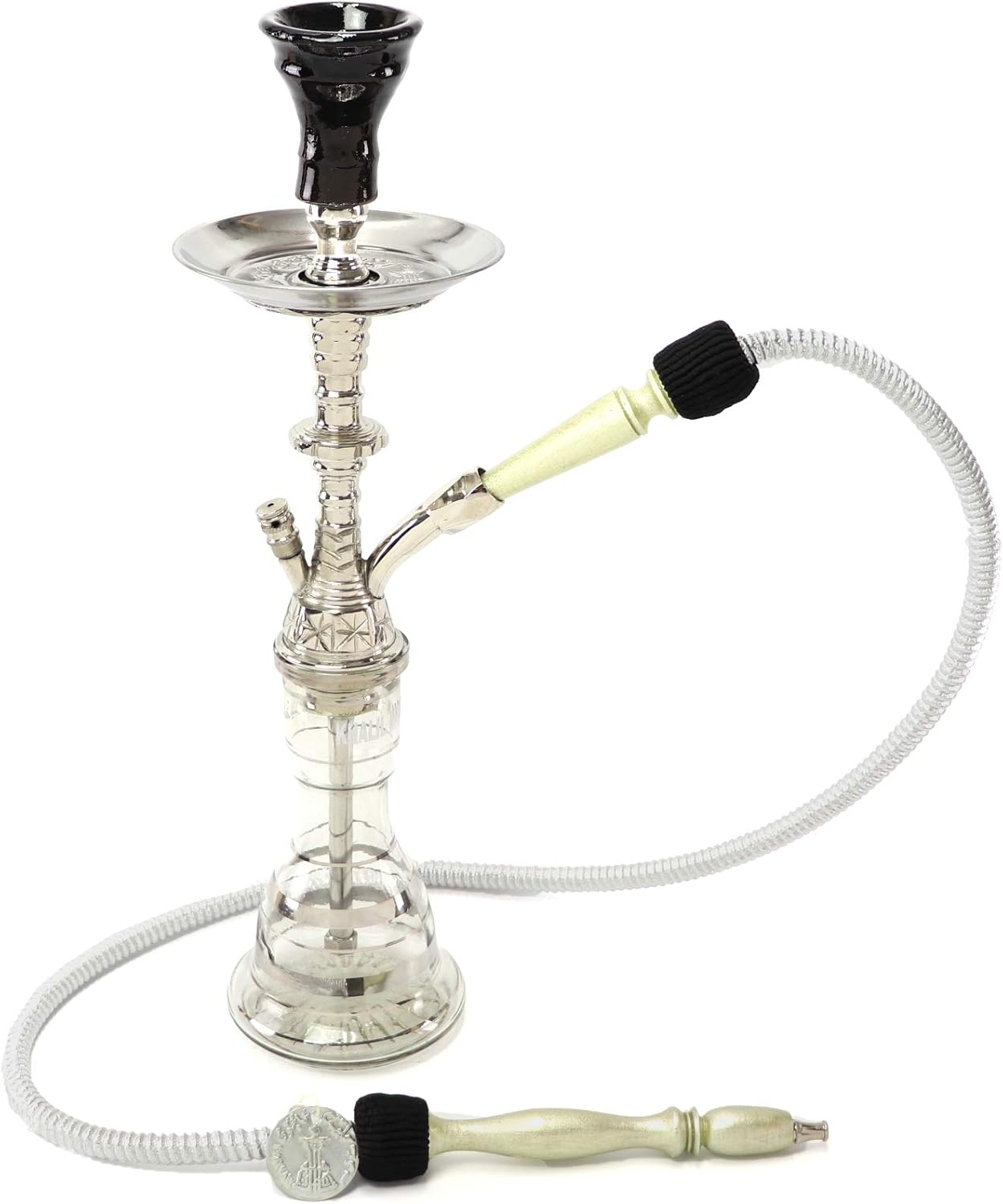 Khalil Mamoon* 1-Hose 20" Egyptian Traditional Handmade Safari Edition: Silver Finish Stem+60" Hose & Clay Bowl Hookah Complete Set Shisha Nargila (Made in Egypt)