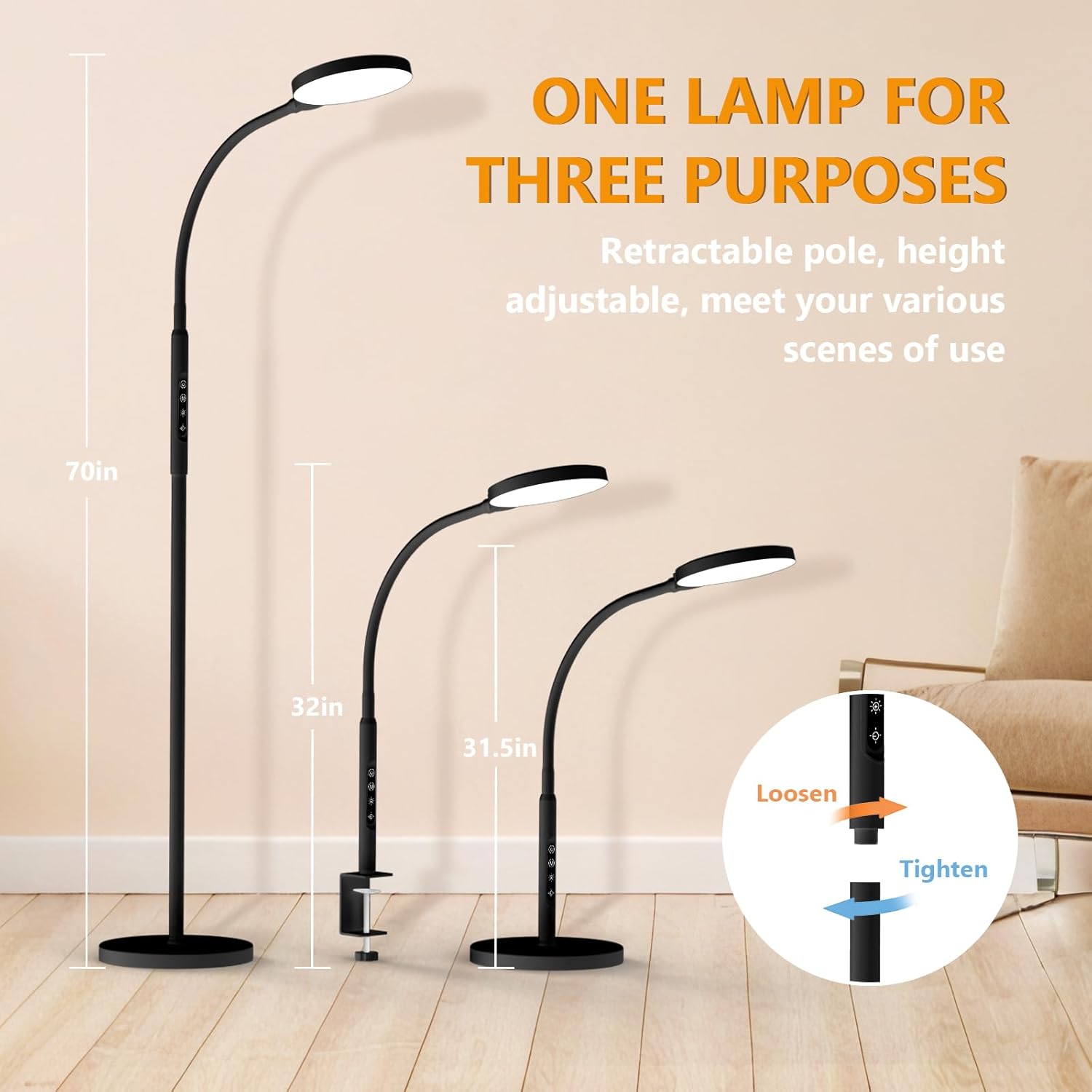 Daylight Floor & Desk Lamp – 11,000 Lux UV-Free Full Spectrum Light, 5 Color Temperatures & 10 Brightness Levels, 360° Gooseneck Lamp for Home Office, Bedroom & Reading (Black)