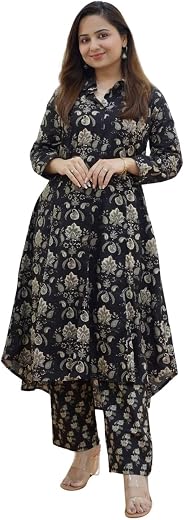 GRECIILOOKS Co ord set for women stylish | Anarkali Kurta-Set – Viscose Rayon Printed Kurta & Straight Pant | kurtis| Festive Indian Traditional Outfit Dress for Functions & Puja | Trendy Travel & Streetwear Look for Women | 3/4 Half Sleeve