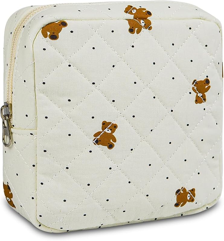 Necessaire de maquiagem AMZMA em algodão matelassado, estampa Polka dot bear, com bolso interno e zíper
