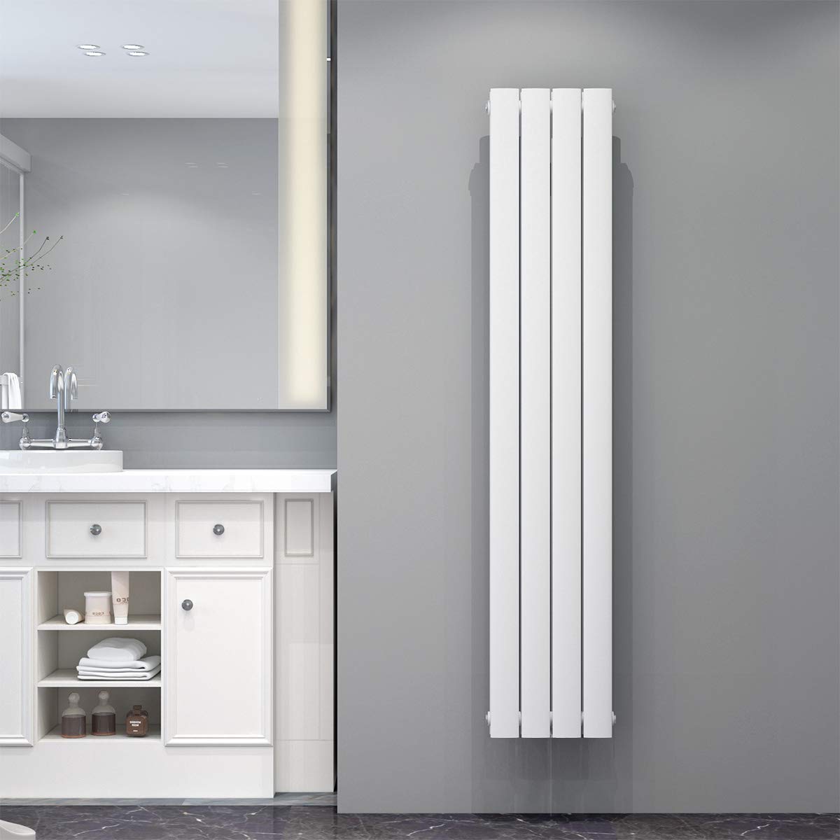 ELEGANT Radiador plano, 1600 x 308 mm, color blanco, doble capa, conexión central, radiador vertical, radiador plano moderno